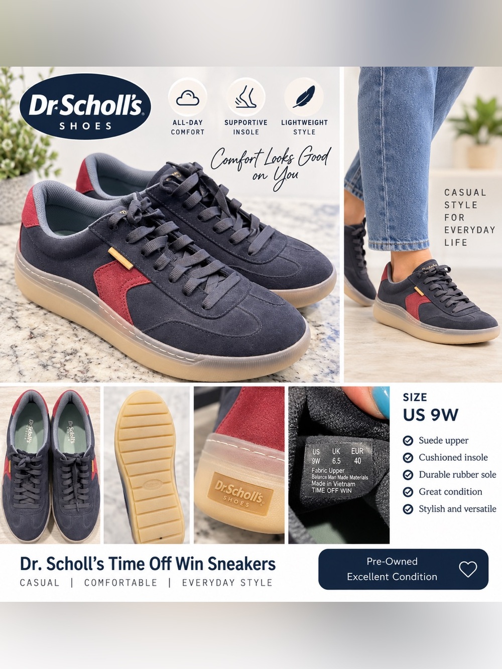Dr. Scholl's Time Off Win Navy/Red Suede Lace Up Sneaker Women's 9W